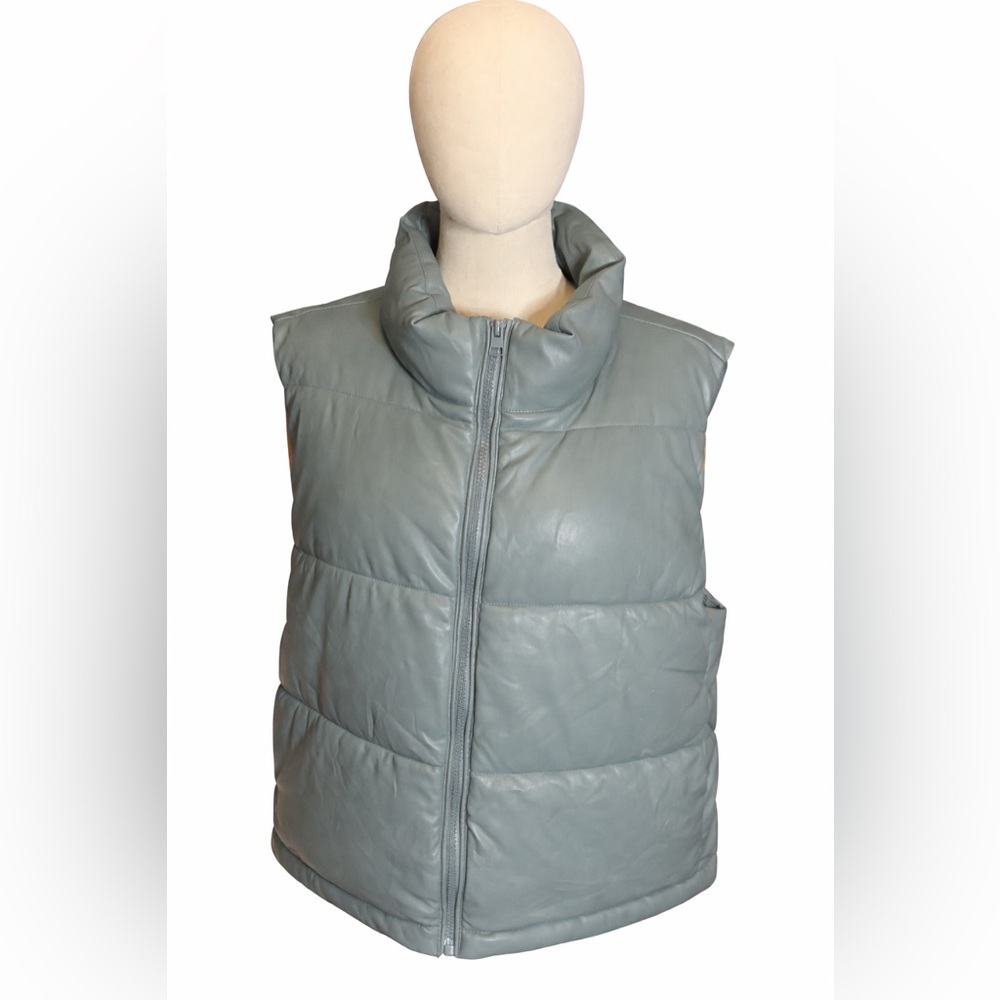 7 For All Mankind Sage Blue Faux Leather Puffer Vest | Cool-Girl Layering